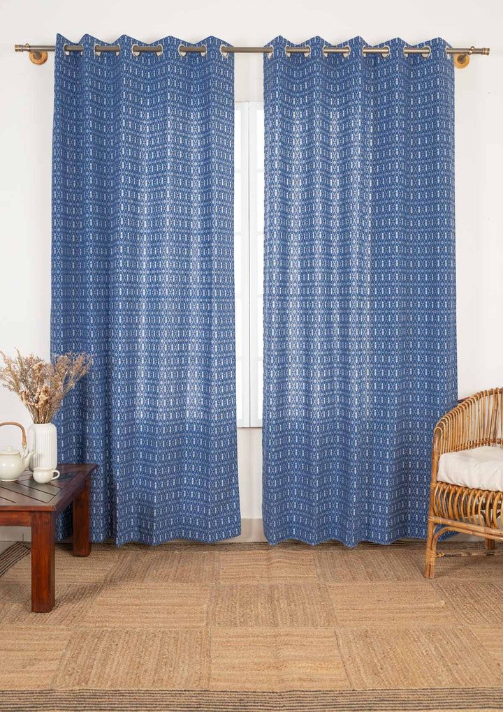 Meadows 100% cotton geometric curtain for bed room - Room darkening - Indigo - Single - Single Piece | SHOBITAM