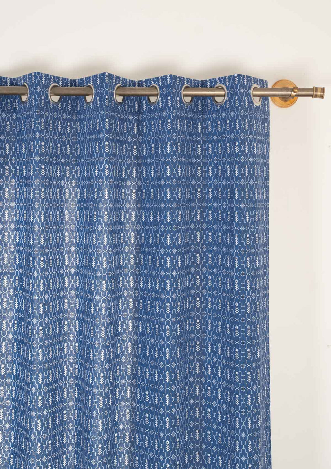 Meadows 100% cotton geometric curtain for bed room - Room darkening - Indigo - Single - Single Piece | SHOBITAM