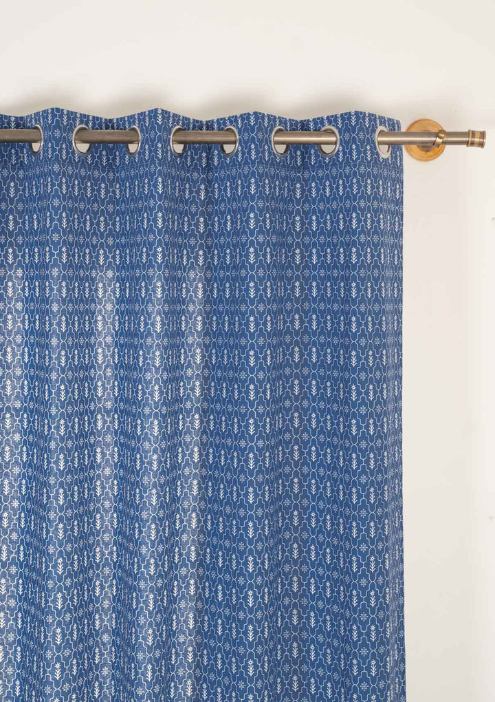 Meadows 100% cotton geometric curtain for bed room - Room darkening - Indigo - Single - Single Piece | SHOBITAM