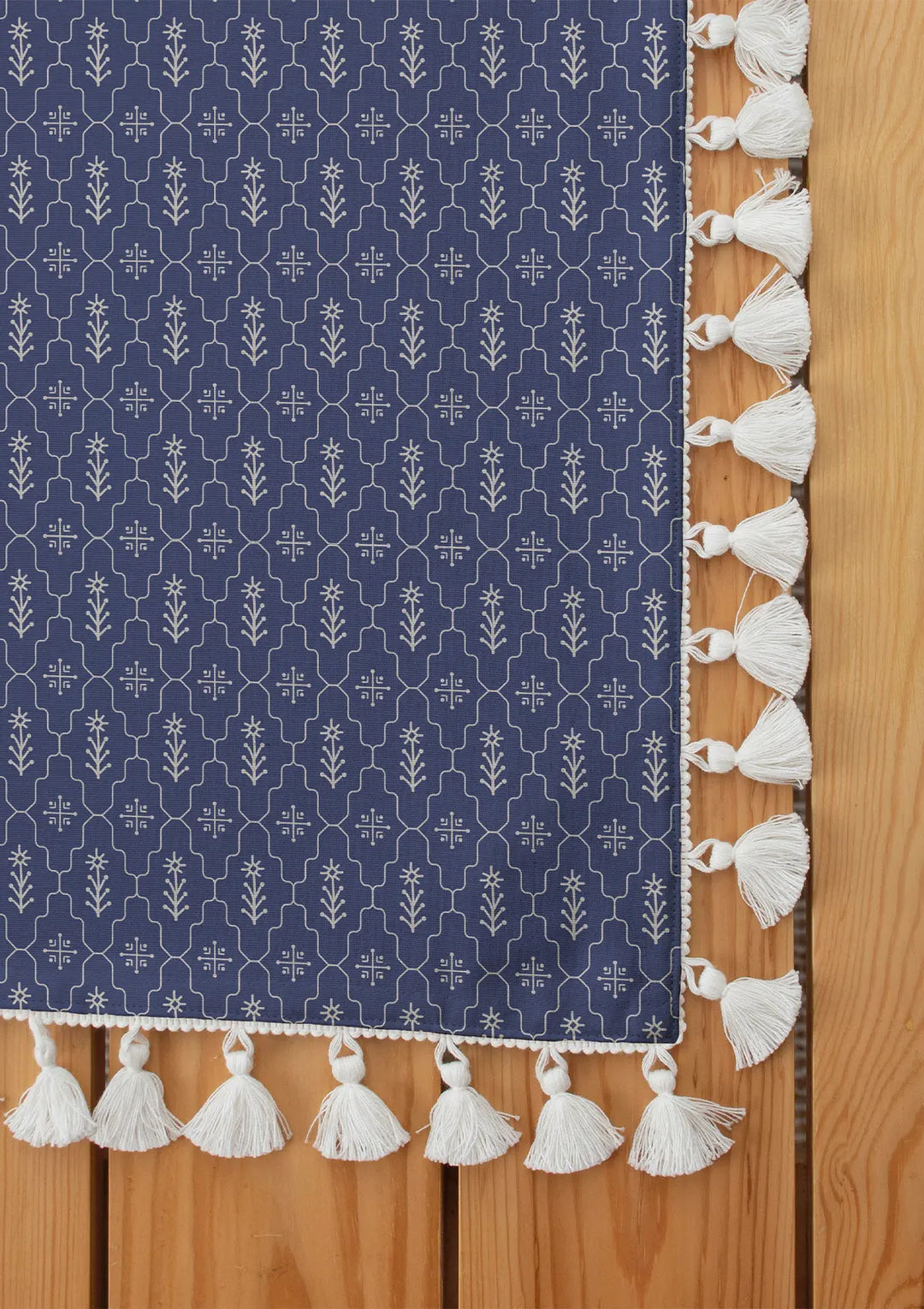 Meadows 100% cotton geometric table cloth for 4 seater or 6 seater dining with tassel - Indigo  | SHOBITAM