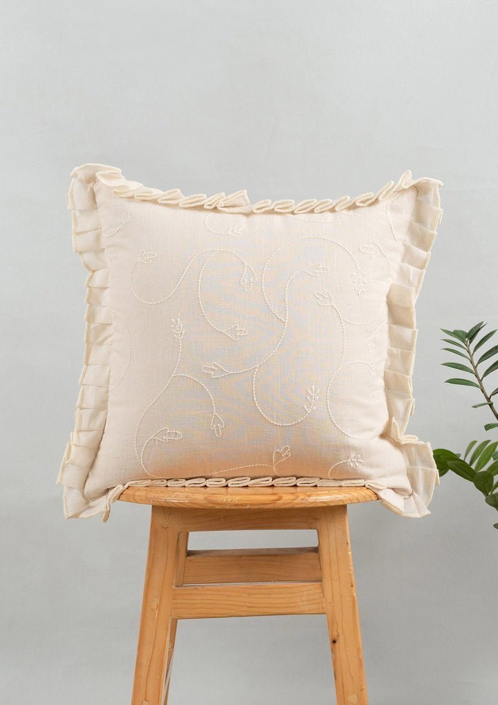 Medley Minimal Embroidered Cream Cushion Cover for Sofa– 100% Cotton 16" x 16" | SHOBITAM