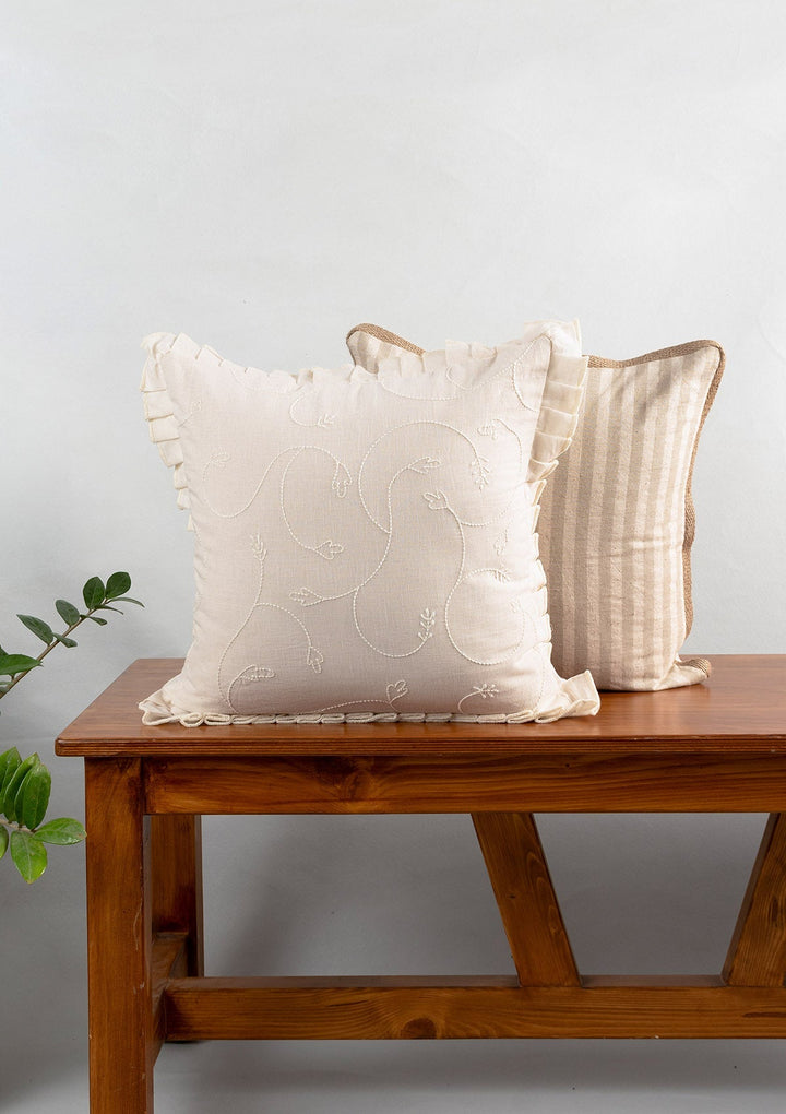 Medley Minimal Embroidered Cream Cushion Cover for Sofa– 100% Cotton 16" x 16" | SHOBITAM