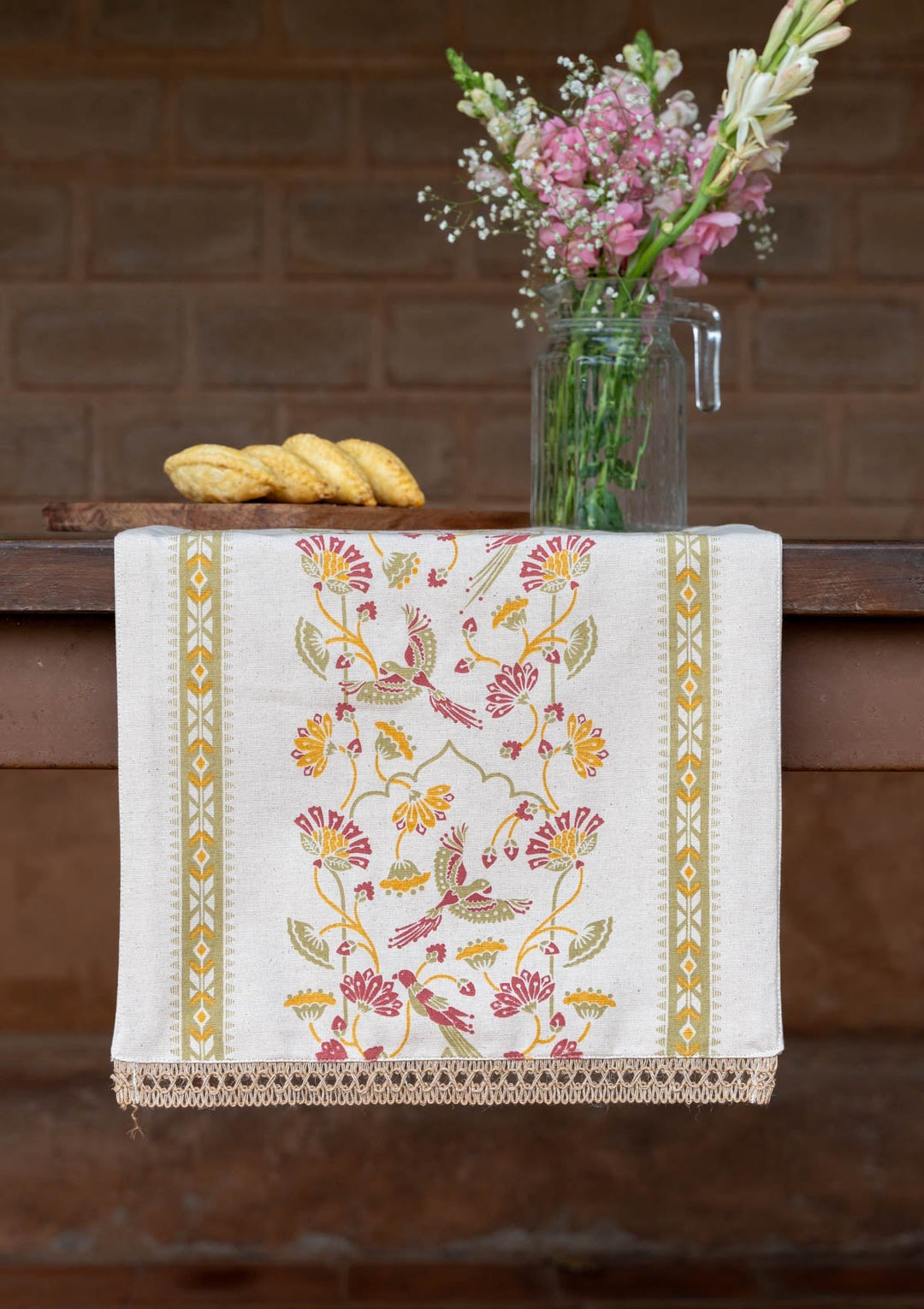 Meenakshi Green & Pink Printed Table Runner – 100% Cotton | SHOBITAM