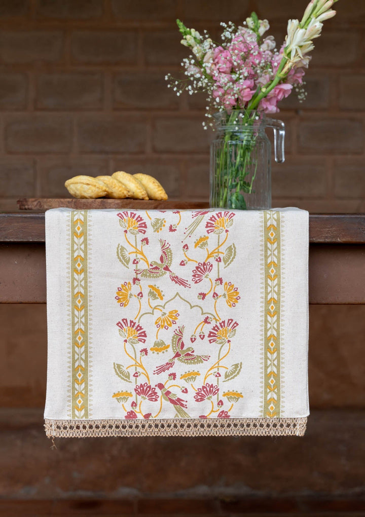 Meenakshi Green & Pink Printed Table Runner – 100% Cotton | SHOBITAM