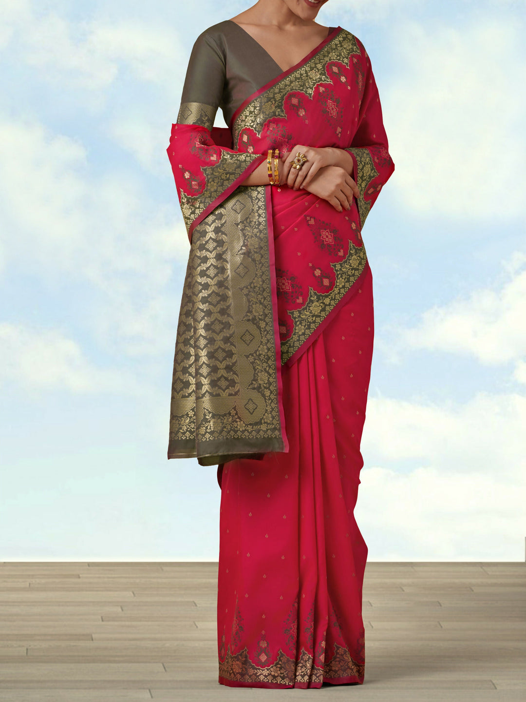 Pink Semi Banarasi Silk Blend Saree with Zari Woven Work | SHOBITAM