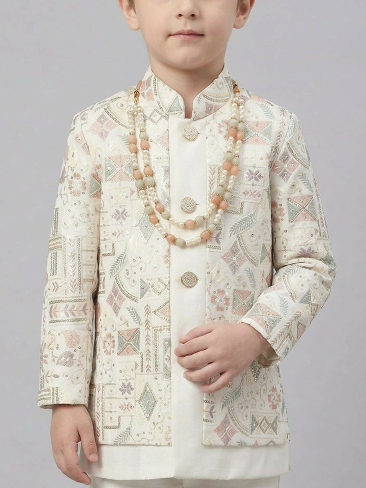 Boys White Kurta Pajama Set with Printed Ethnic Jacket | SHOBITAM