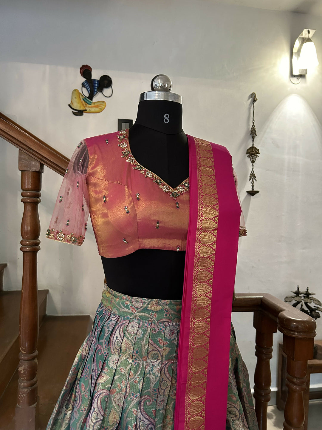 Yuvathi Green Tissue Semi Kanchivaram half saree /lehenga Set