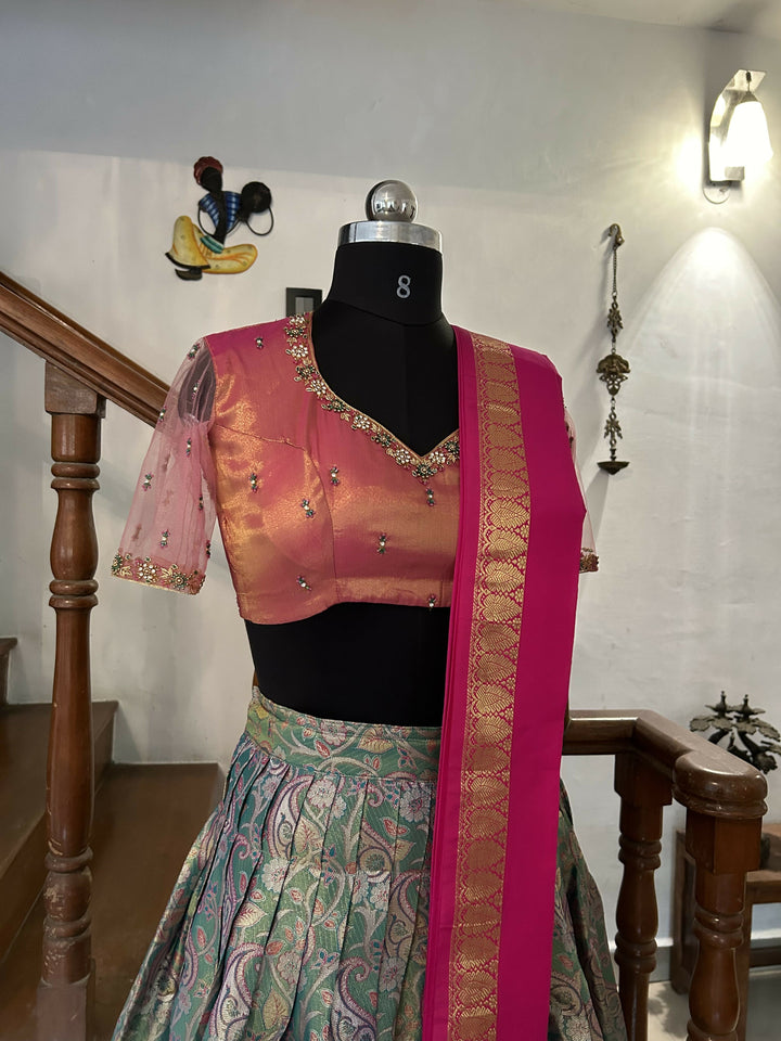 Yuvathi Green Tissue Semi Kanchivaram half saree /lehenga Set