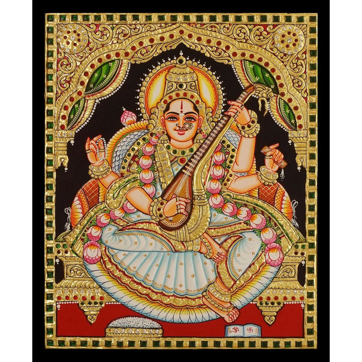12*15 Authentic TANJORE PAINTING SRASWATHI With 22 Ct gold Foil and Jaipur Gemstones,Unframed | SHOBITAM