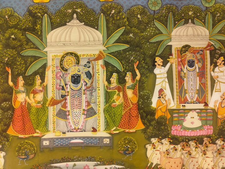 3.5 x 5 feet Authentic Jaipur Painting Teen Roopi Shreenath ji | SHOBITAM
