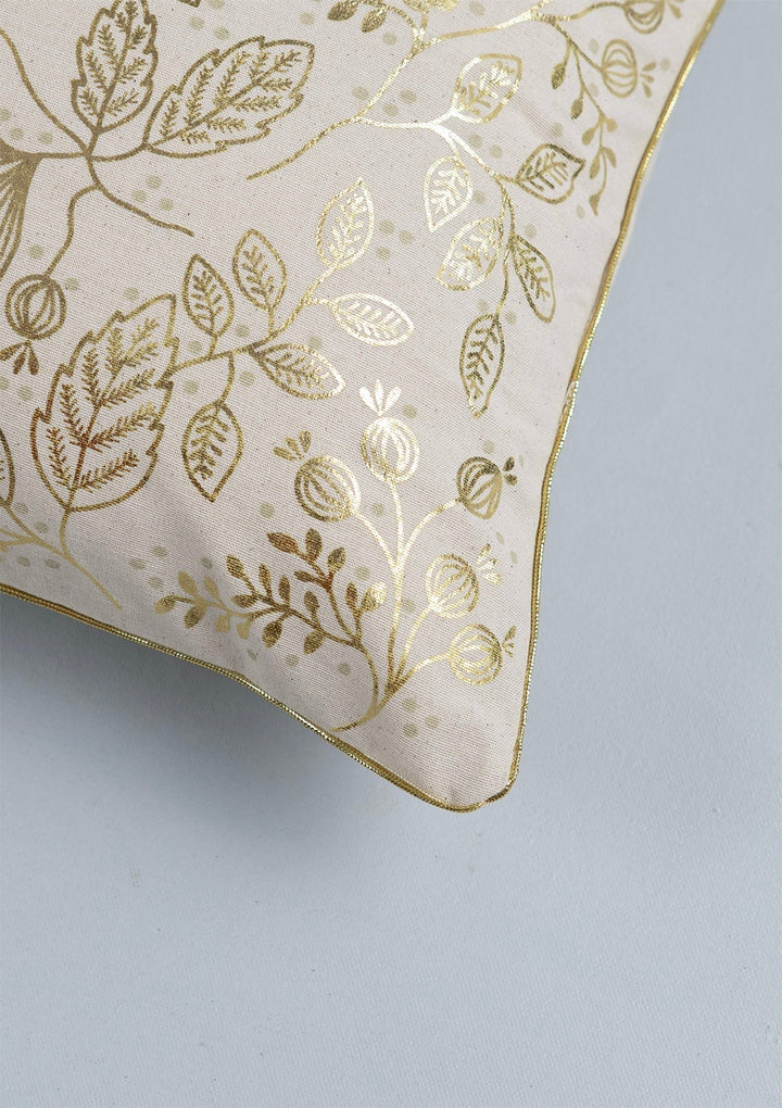 Mirra Luxury Gold-Printed Beige Cushion Cover for Sofa – 100% Cotton, 16" x 16" | SHOBITAM