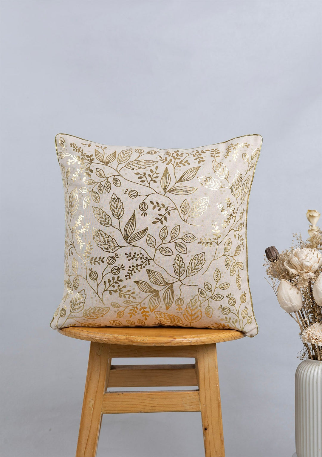 Mirra Luxury Gold-Printed Beige Cushion Cover for Sofa – 100% Cotton, 16" x 16" | SHOBITAM