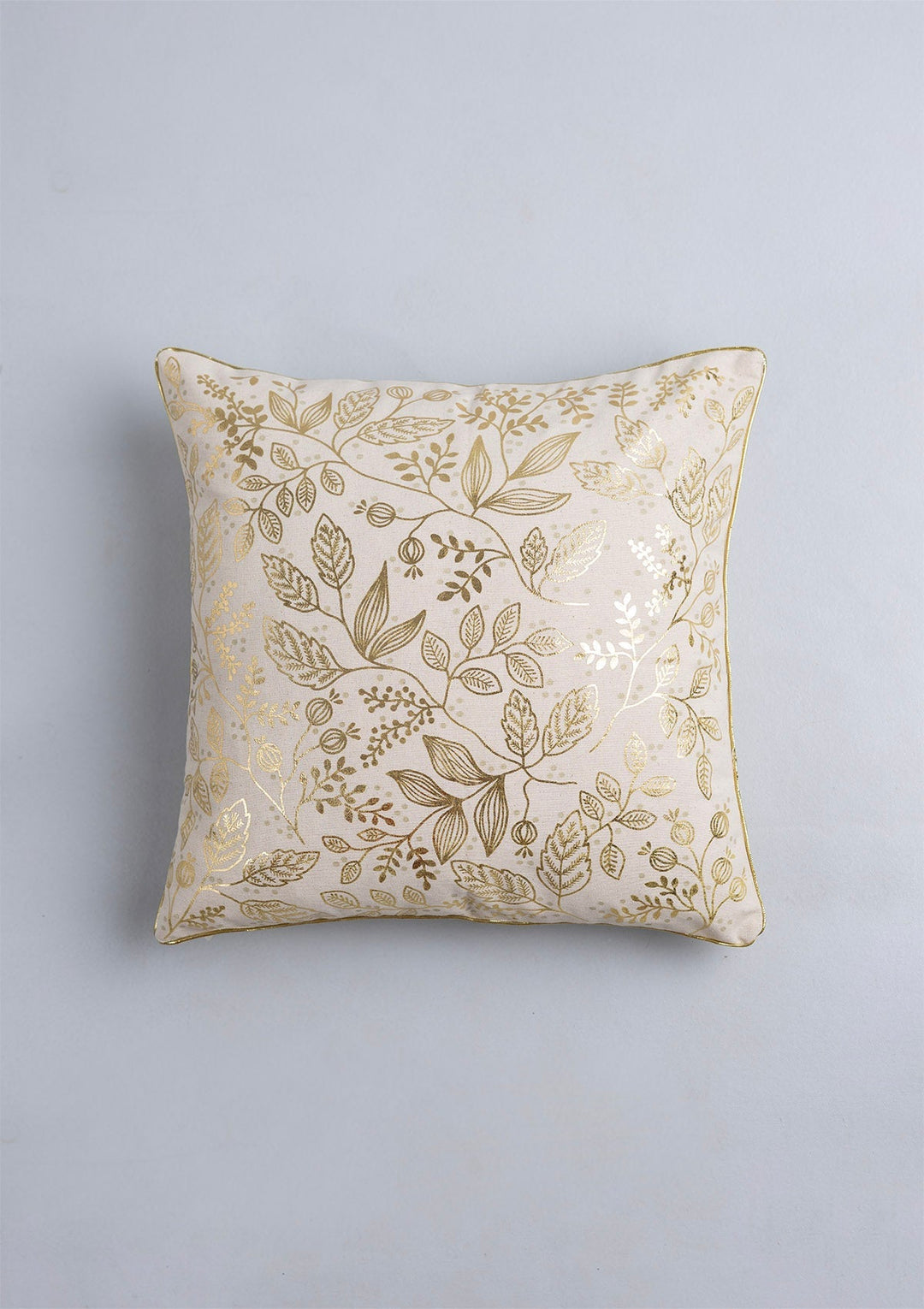 Mirra Luxury Gold-Printed Beige Cushion Cover for Sofa – 100% Cotton, 16" x 16" | SHOBITAM