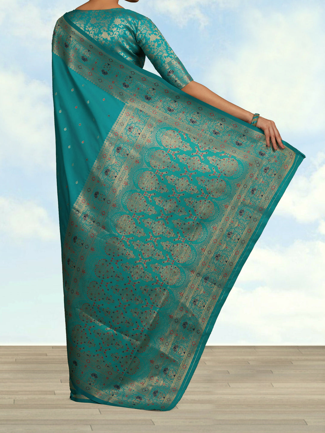 Cyan Banarasi Silk Blend Saree | SHOBITAM