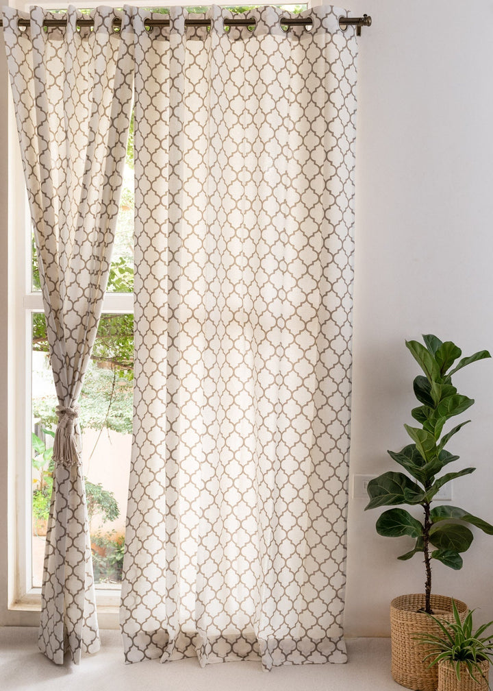 Trellis Printed Walnut Grey 100% cotton geometric curtain for bed room - Light Reduction - Single Piece | SHOBITAM