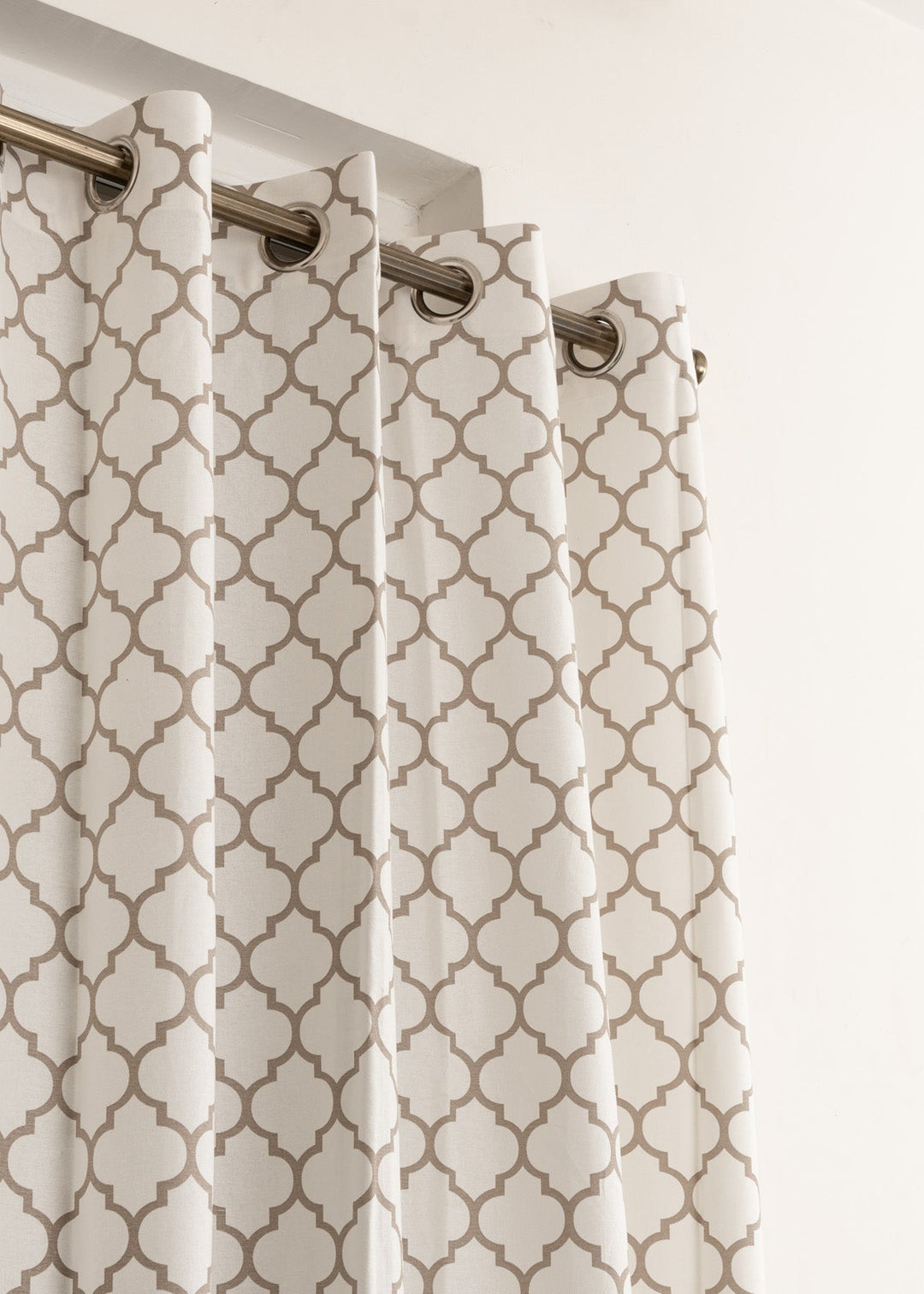 Trellis Printed Walnut Grey 100% cotton geometric curtain for bed room - Light Reduction - Single Piece | SHOBITAM