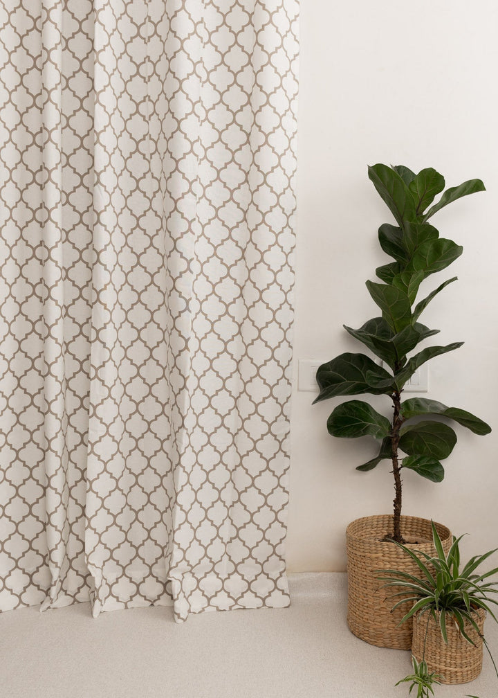 Trellis Printed Walnut Grey 100% cotton geometric curtain for bed room - Light Reduction - Single Piece | SHOBITAM