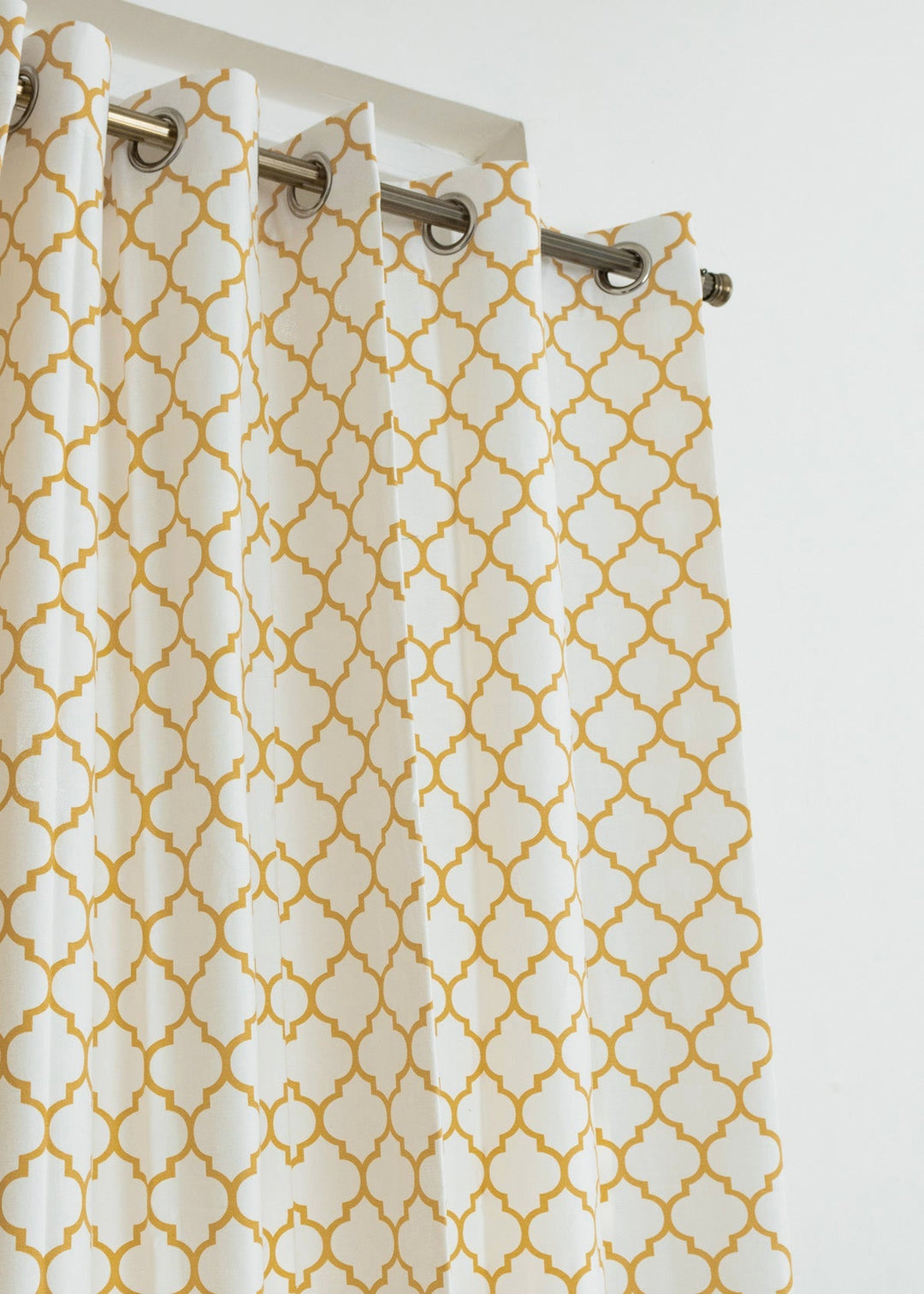 Trellis Printed Mustard 100% cotton geometric curtain for bed room - Light Reduction - Single Piece | SHOBITAM