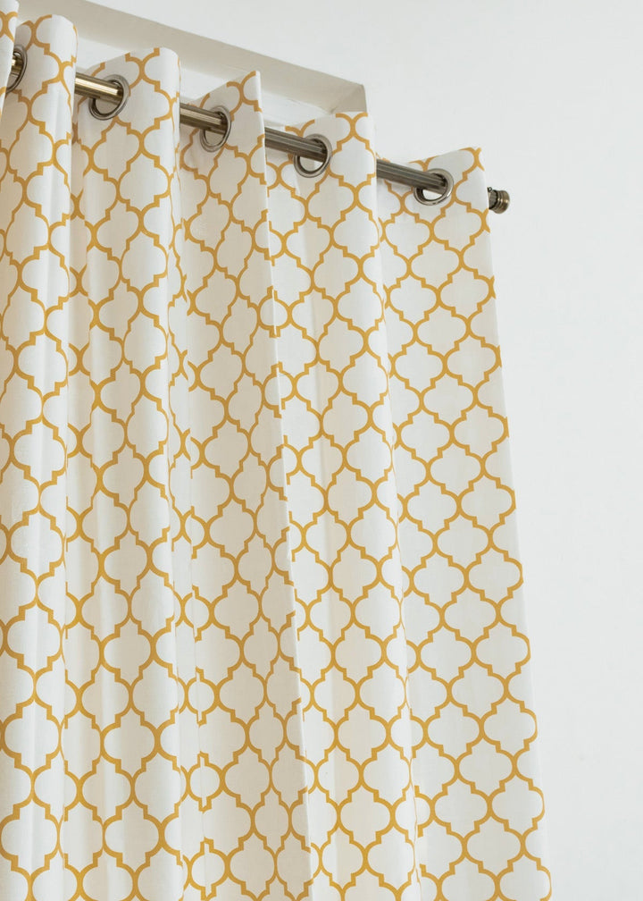 Trellis Printed Mustard 100% cotton geometric curtain for bed room - Light Reduction - Single Piece | SHOBITAM