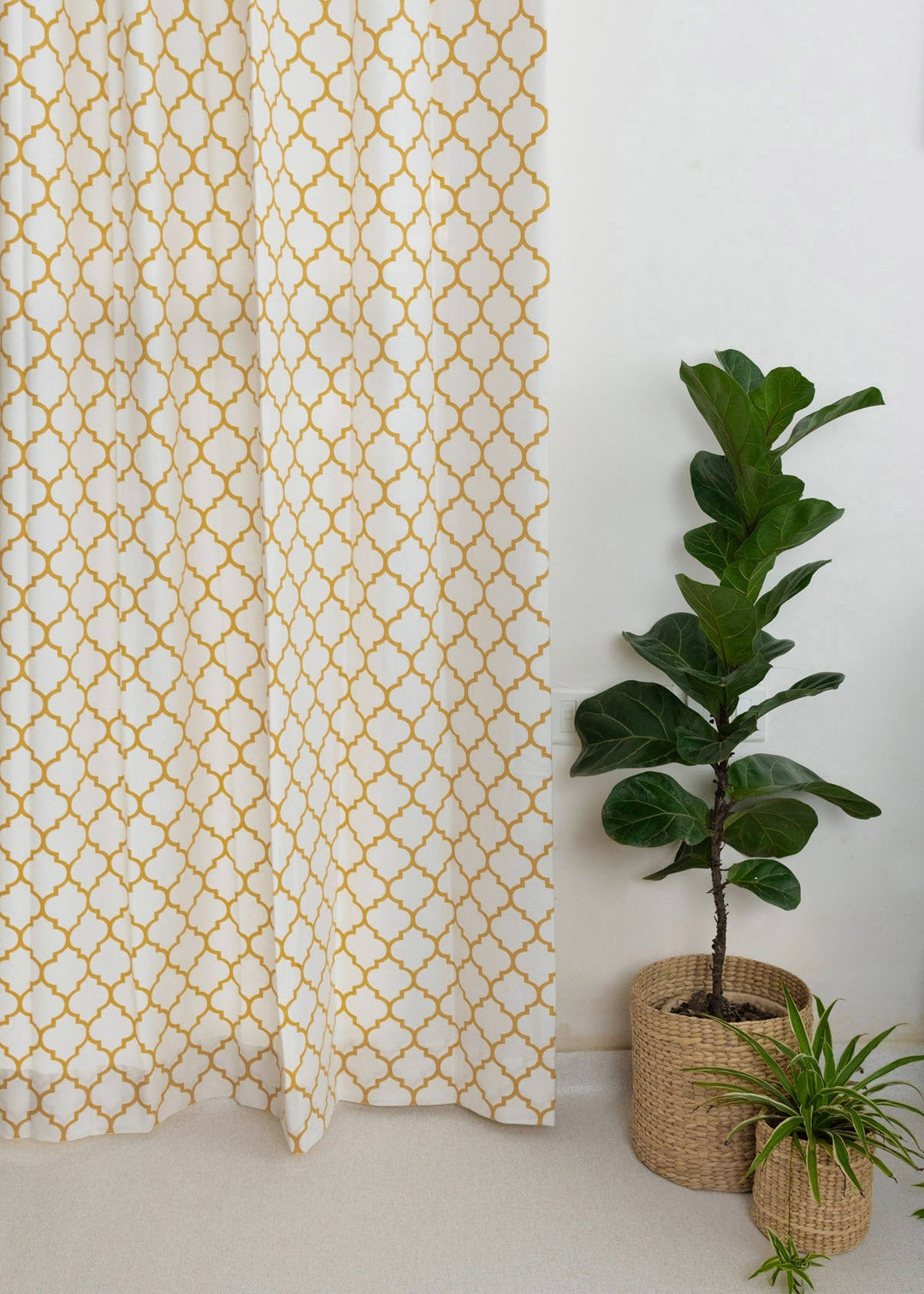 Trellis Printed Mustard 100% cotton geometric curtain for bed room - Light Reduction - Single Piece | SHOBITAM
