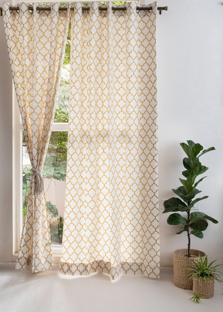 Trellis Printed Mustard 100% cotton geometric curtain for bed room - Light Reduction - Single Piece | SHOBITAM