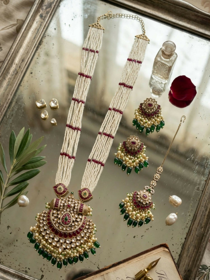 Gold Plated Long Bridal Polki Stone Necklace Set | shobitam