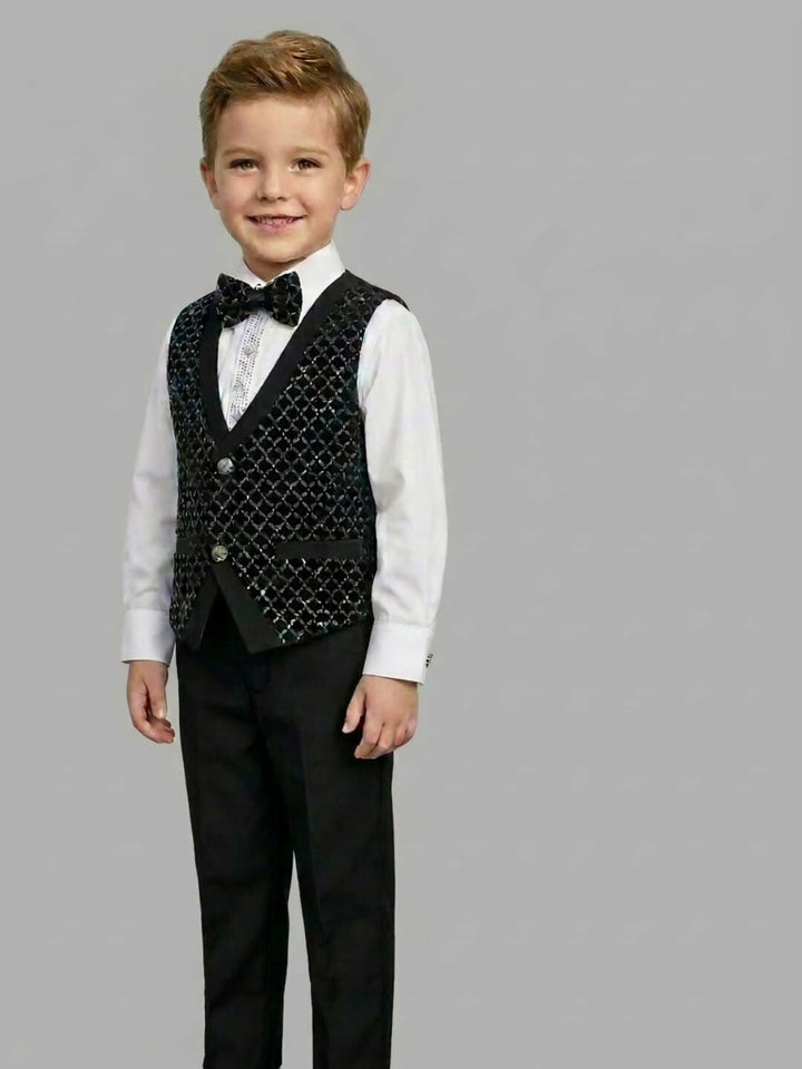 Boys Formal Black Waistcoat Suit Set with Shirt, Trousers and Bow Tie | SHOBITAM