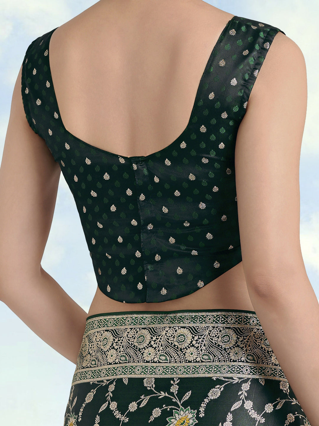 Dark Green Zari Woven Banarasi Satin Silk Saree | SHOBITAM
