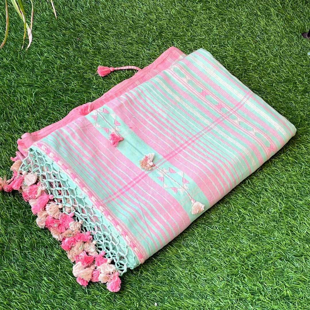Pastel Green Handloom Bhujodi Cotton Saree | SHOBITAM