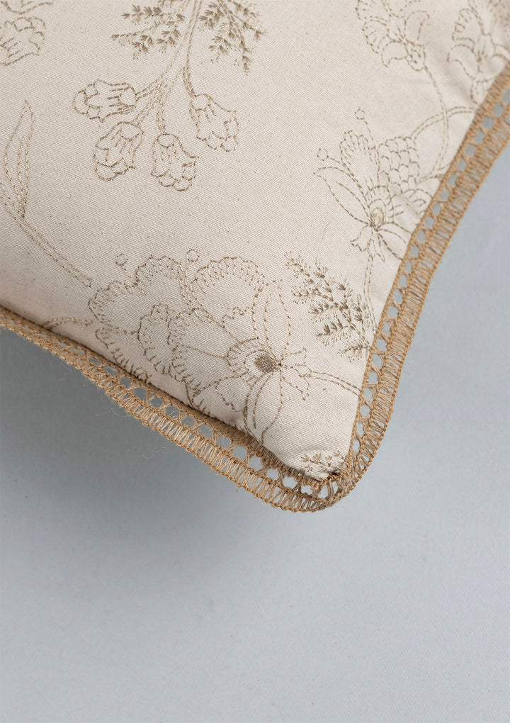 Mukta Embroidered Brown & Beige Cushion Cover for Sofa – 100% Cotton, 12" x 20" | SHOBITAM