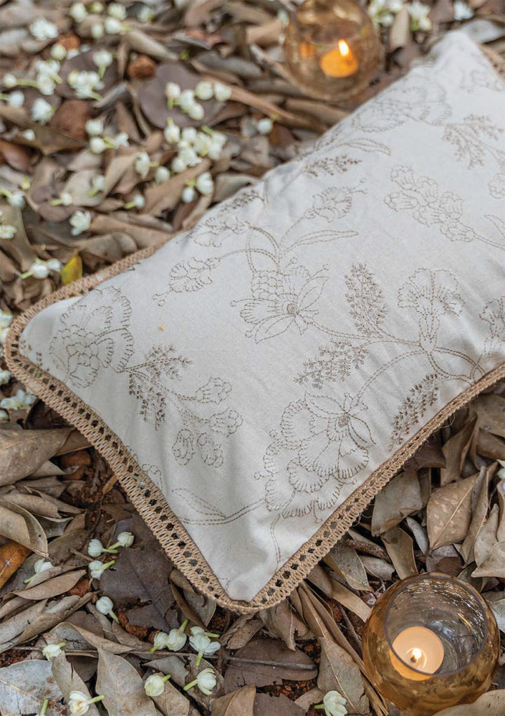 Mukta Embroidered Brown & Beige Cushion Cover for Sofa – 100% Cotton, 12" x 20" | SHOBITAM