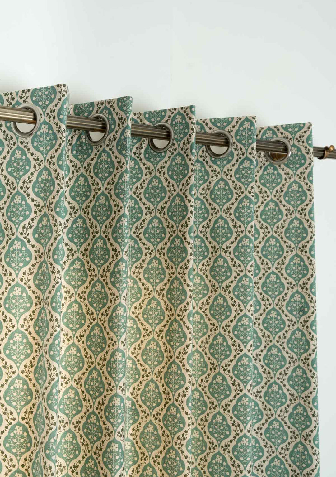 Mulbagal Geometric - Floral printed 100% Cotton Curtain for Living Room and Bedroom - Room Darkening - Sage Green - Single Piece | SHOBITAM