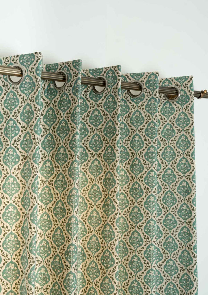 Mulbagal Geometric - Floral printed 100% Cotton Curtain for Living Room and Bedroom - Room Darkening - Sage Green - Single Piece | SHOBITAM