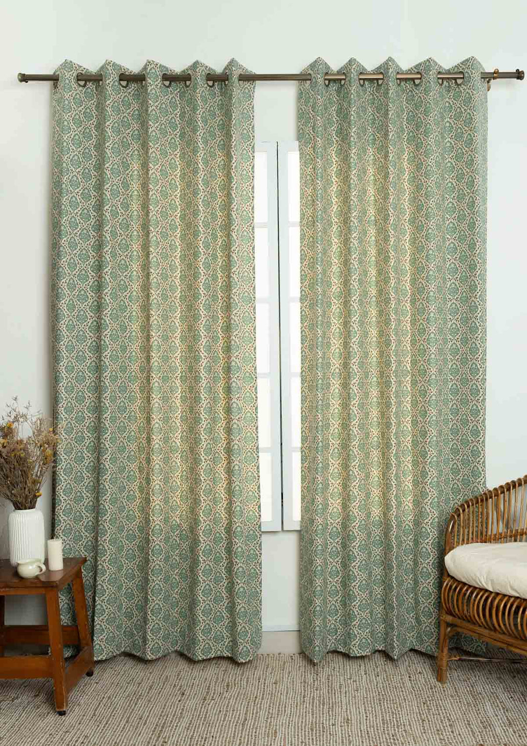 Mulbagal Geometric - Floral printed 100% Cotton Curtain for Living Room and Bedroom - Room Darkening - Sage Green - Single Piece | SHOBITAM