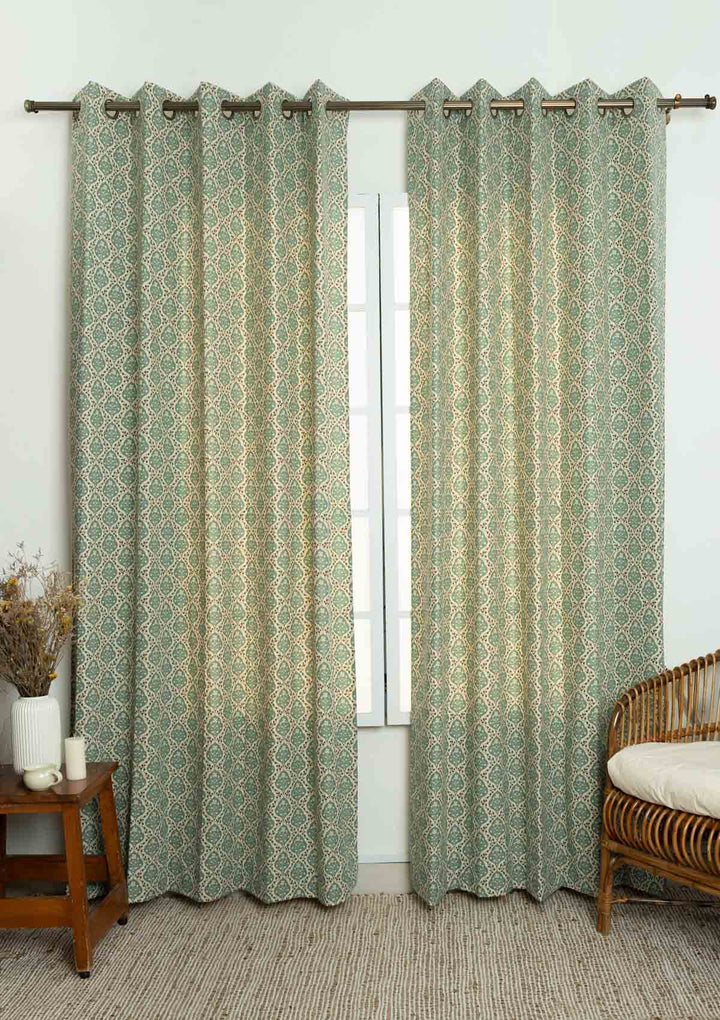 Mulbagal Geometric - Floral printed 100% Cotton Curtain for Living Room and Bedroom - Room Darkening - Sage Green - Single Piece | SHOBITAM