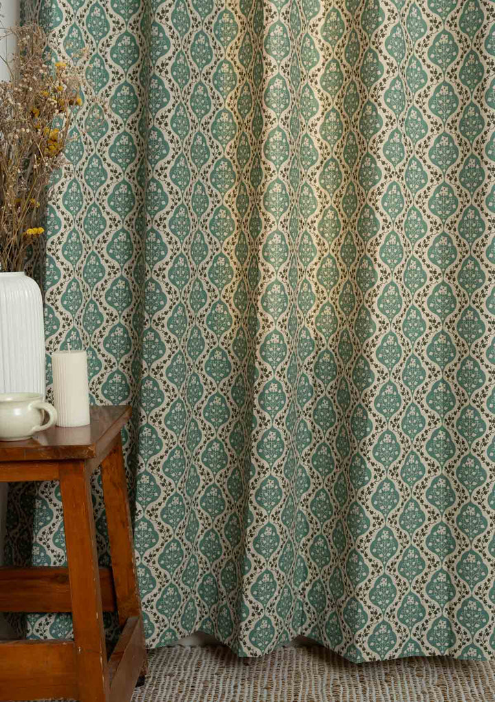 Mulbagal Geometric - Floral printed 100% Cotton Curtain for Living Room and Bedroom - Room Darkening - Sage Green - Single Piece | SHOBITAM