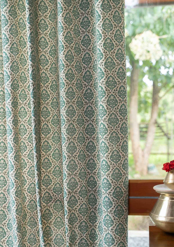 Mulbagal Geometric - Floral printed 100% Cotton Curtain for Living Room and Bedroom - Room Darkening - Sage Green - Single Piece | SHOBITAM