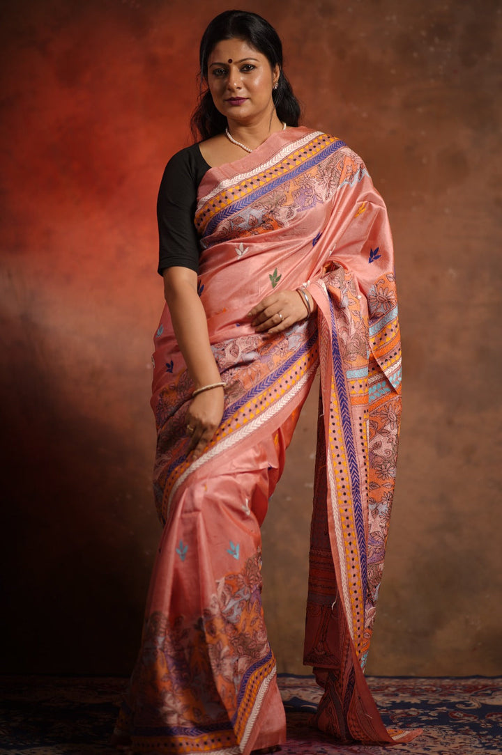 Multi Color Hand Kantha on Pure Bangalore Silk Saree in Peach | SILK MARK CERTIFIED | SHOBITAM