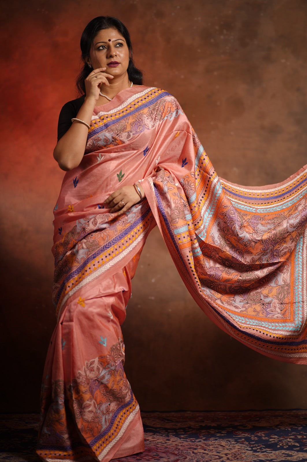 Multi Color Hand Kantha on Pure Bangalore Silk Saree in Peach | SILK MARK CERTIFIED | SHOBITAM