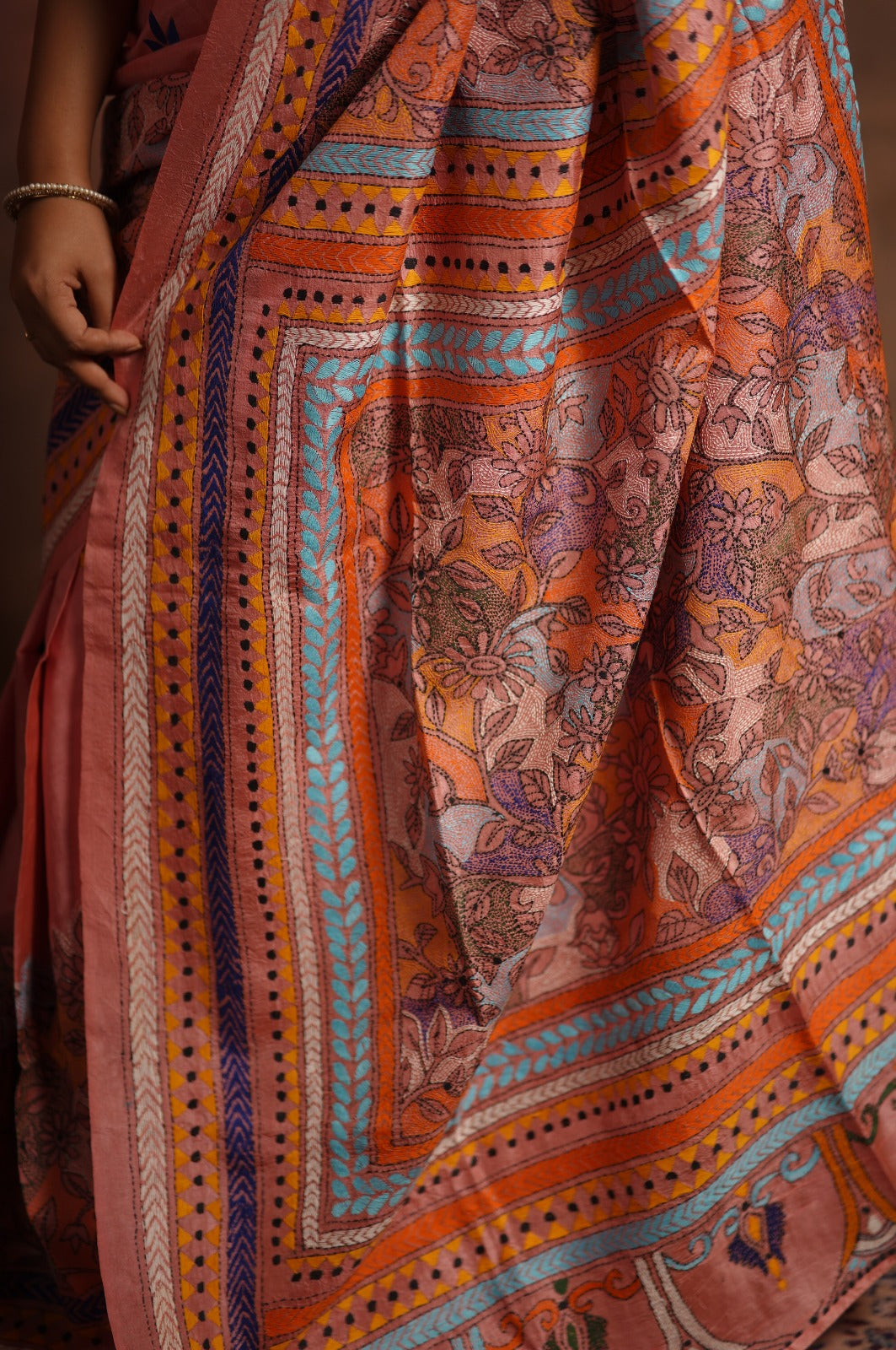 Multi Color Hand Kantha on Pure Bangalore Silk Saree in Peach | SILK MARK CERTIFIED | SHOBITAM