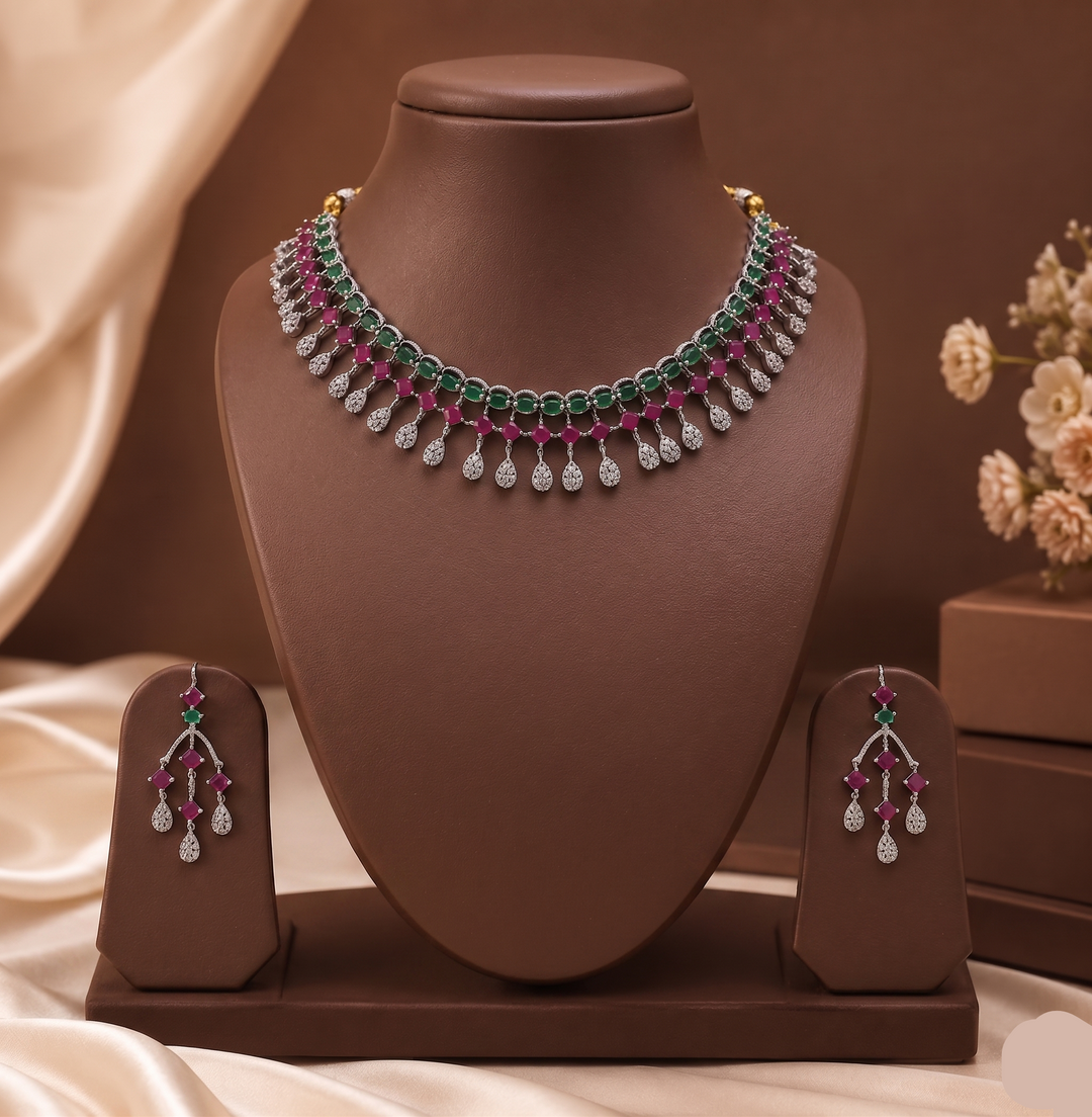Multicolour American Diamond Necklace Set | SHOBITAM