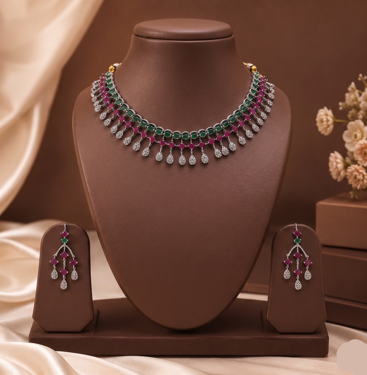 Multicolour American Diamond Necklace Set | SHOBITAM