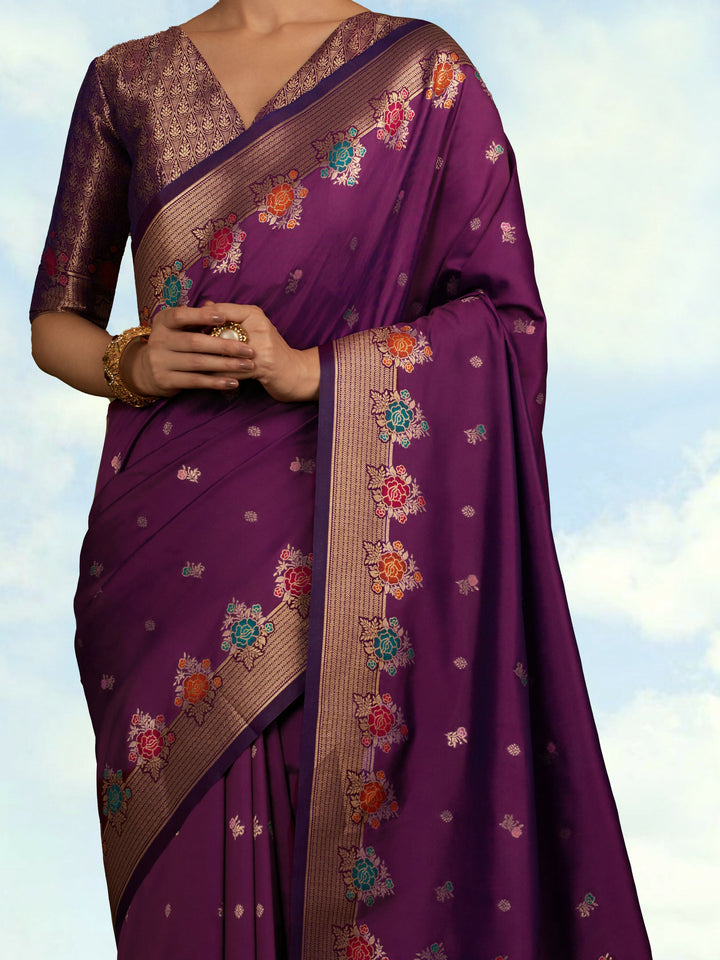 Dark Violet Semi Banarasi Silk Blend Saree With Zari Woven Work | SHOBITAM