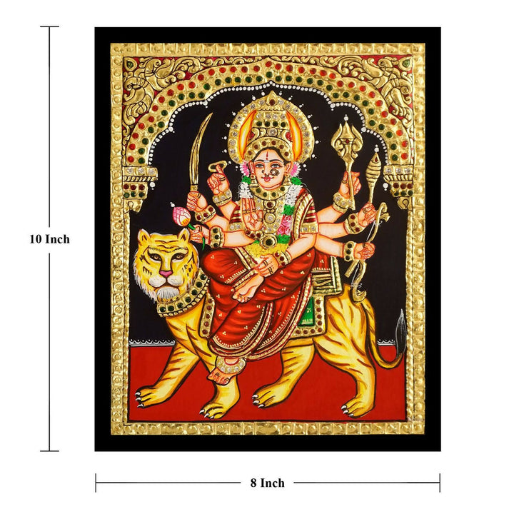 8*10 TANJORE PAINTING DURGA DEVI Authentic With 22 Ct Gold Foil and Jaipur Gemstones,Unframed | SHOBITAM
