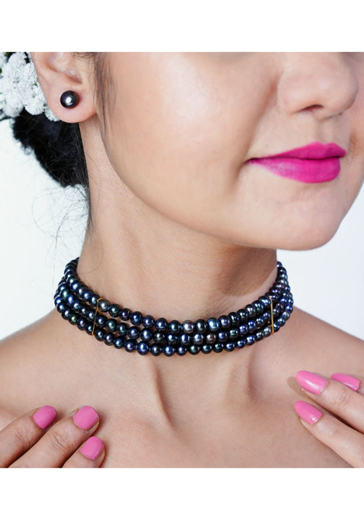 Midnight Elegance: Blue Black Three Strand Pearl Choker and Single Pearl Stud Earrings Set
