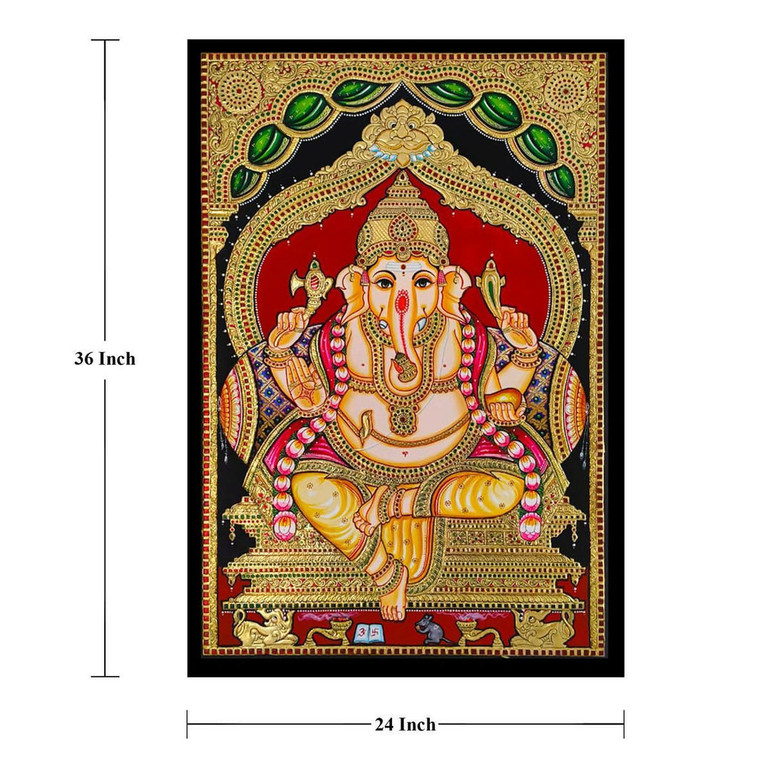 24*36 Authentic TANJORE PAINTING YELLOW DHOTHI GANESHA With 22 Ct gold Foil and Jaipur Gemstones,Unframed | SHOBITAM