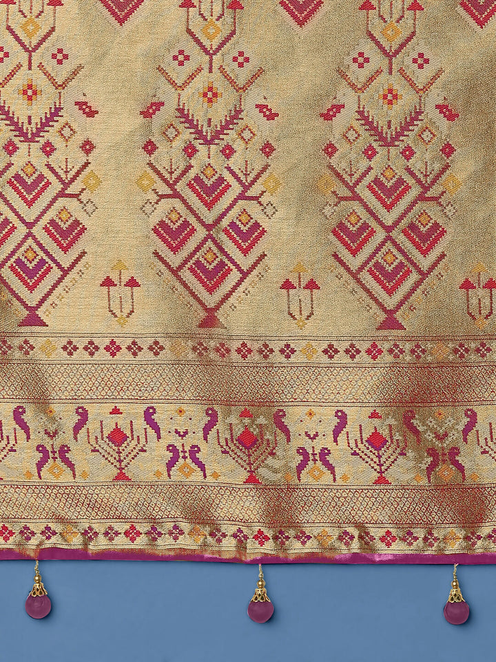 Beige Color Semi Banarasi Tissue Silk Paithani Woven Saree | SHOBITAM