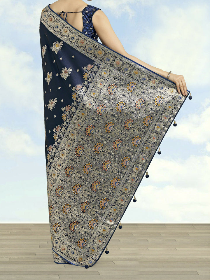 Dark blue Zari Woven Banarasi Satin Silk Saree | SHOBITAM