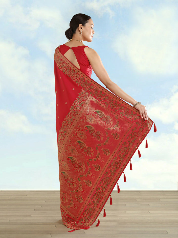 Red Semi Banarasi Satin silk Saree With Zari Border And Butti Work  | SHOBITAM