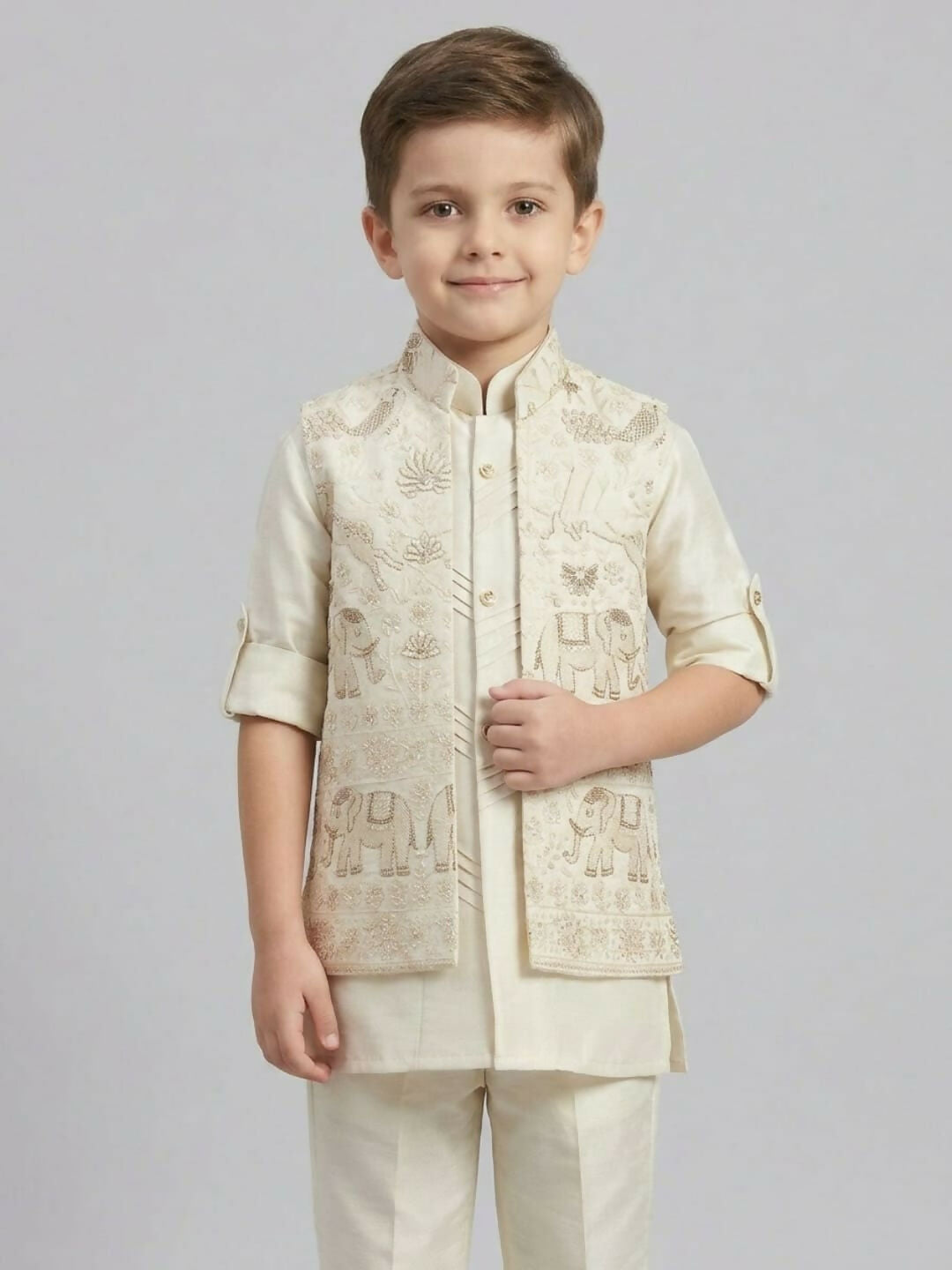 Boys Off White Kurta Pajama Set with Embroidered Ethnic Jacket | SHOBITAM